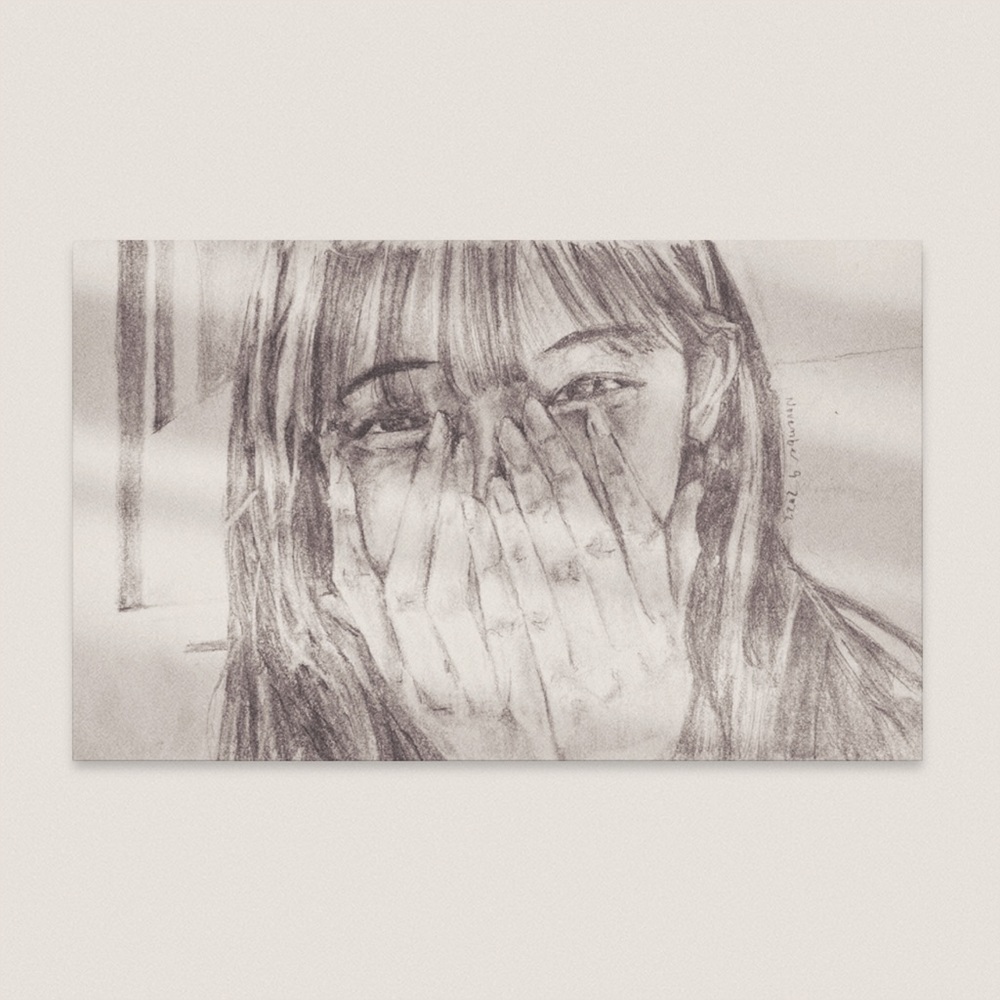 original grayscale tones monochromatic realism girl covering face illustration‌